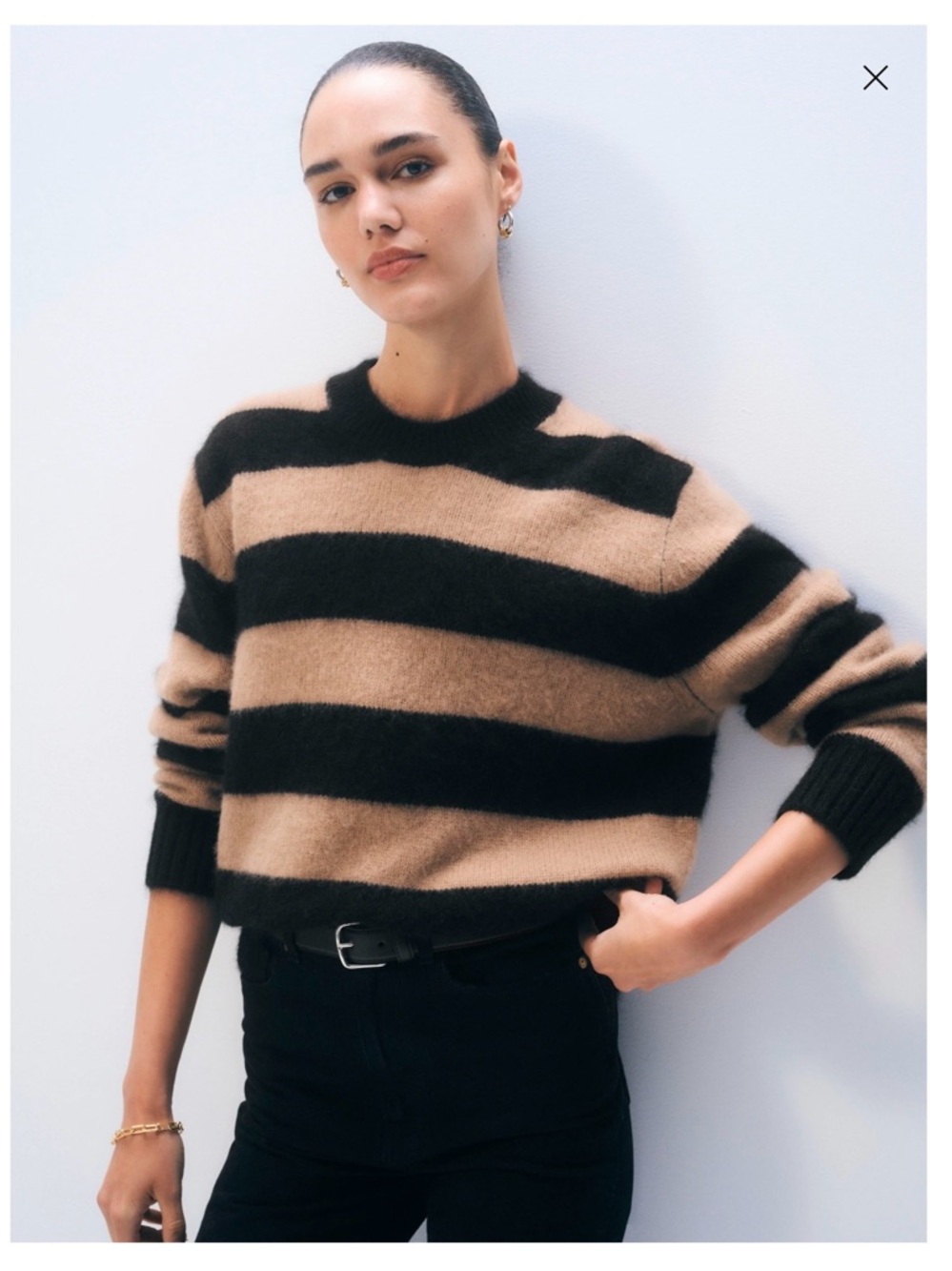 White and Warren Brushed Cashmere Striped Crewneck